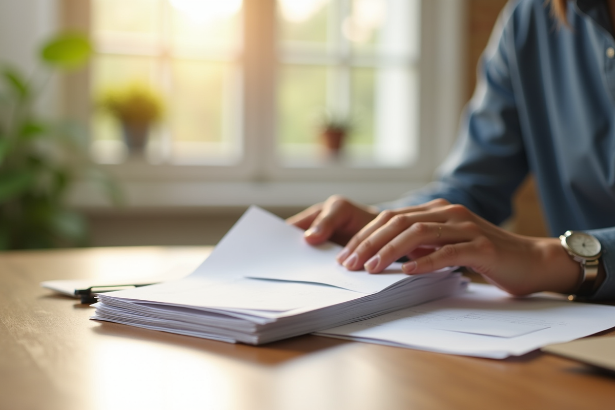 Documents légaux empilés avec une enveloppe sur un bureau lumineux