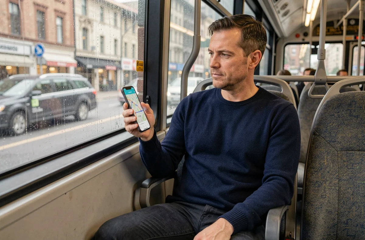 Passager utilisant une application de suivi de bus en temps réel dans les transports en commun