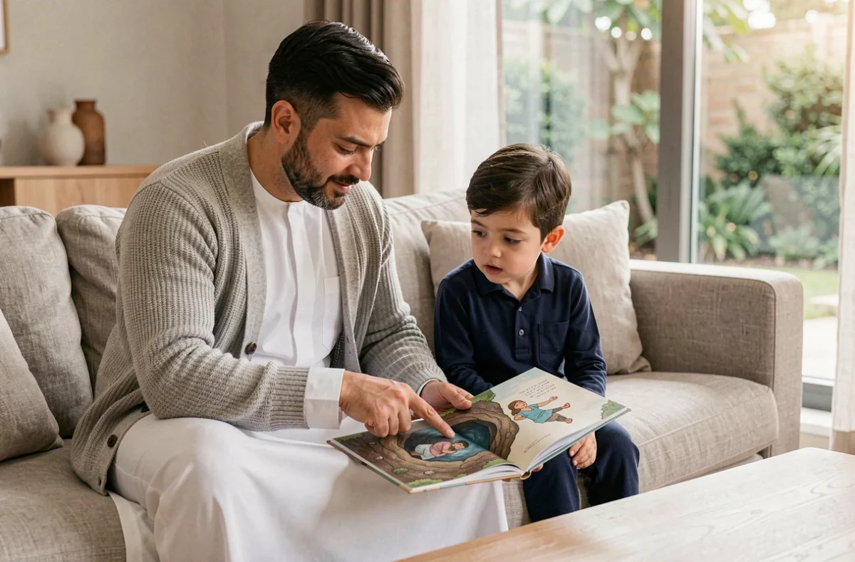 Père musulman lisant la Sourate Al Kahf illustrée en français à son fils sur un canapé dans un salon moderne