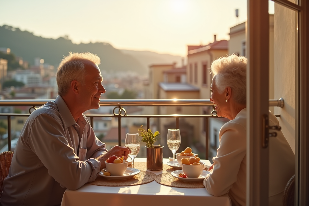Couple mature dégustant petit déjeuner sur un balcon avec vue urbaine