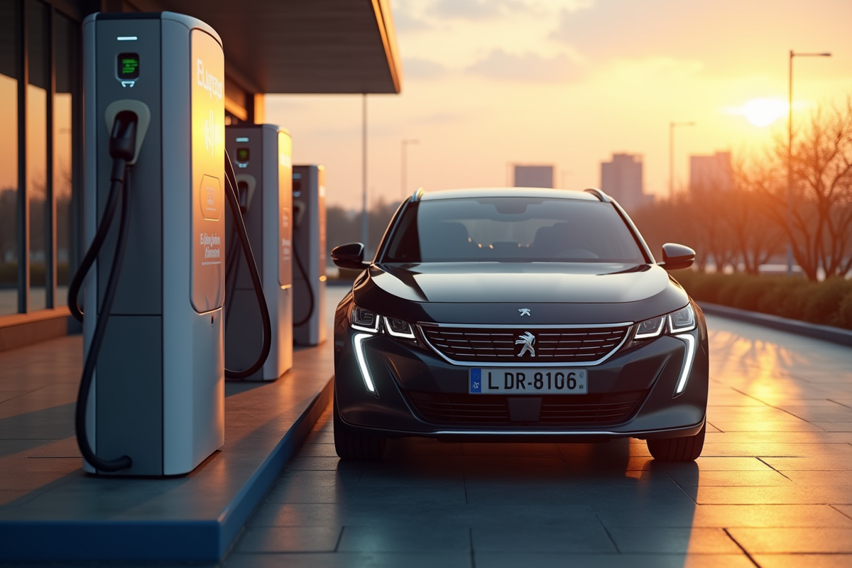 Peugeot 408 hybride au station de recharge au lever du soleil