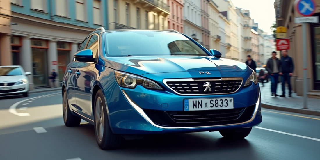Peugeot 408 hybride en conduite urbaine en journée