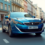 Peugeot 408 hybride en conduite urbaine en journée