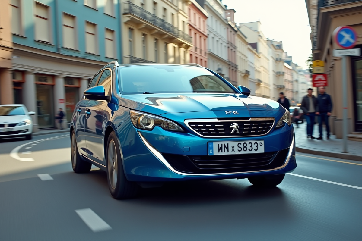 Peugeot 408 hybride en conduite urbaine en journée