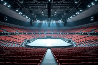 Vue panoramique de l'intérieur de Bercy depuis les gradins supérieurs montrant les blocs et rangées numérotés pour un concert