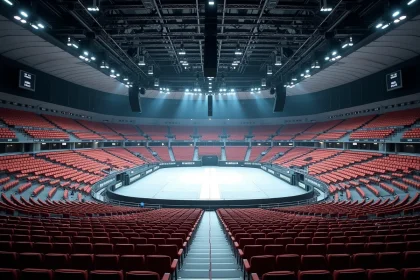 Vue panoramique de l'intérieur de Bercy depuis les gradins supérieurs montrant les blocs et rangées numérotés pour un concert