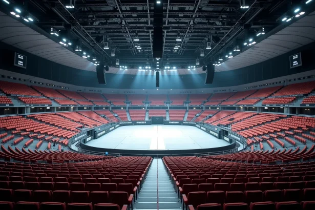Vue panoramique de l'intérieur de Bercy depuis les gradins supérieurs montrant les blocs et rangées numérotés pour un concert