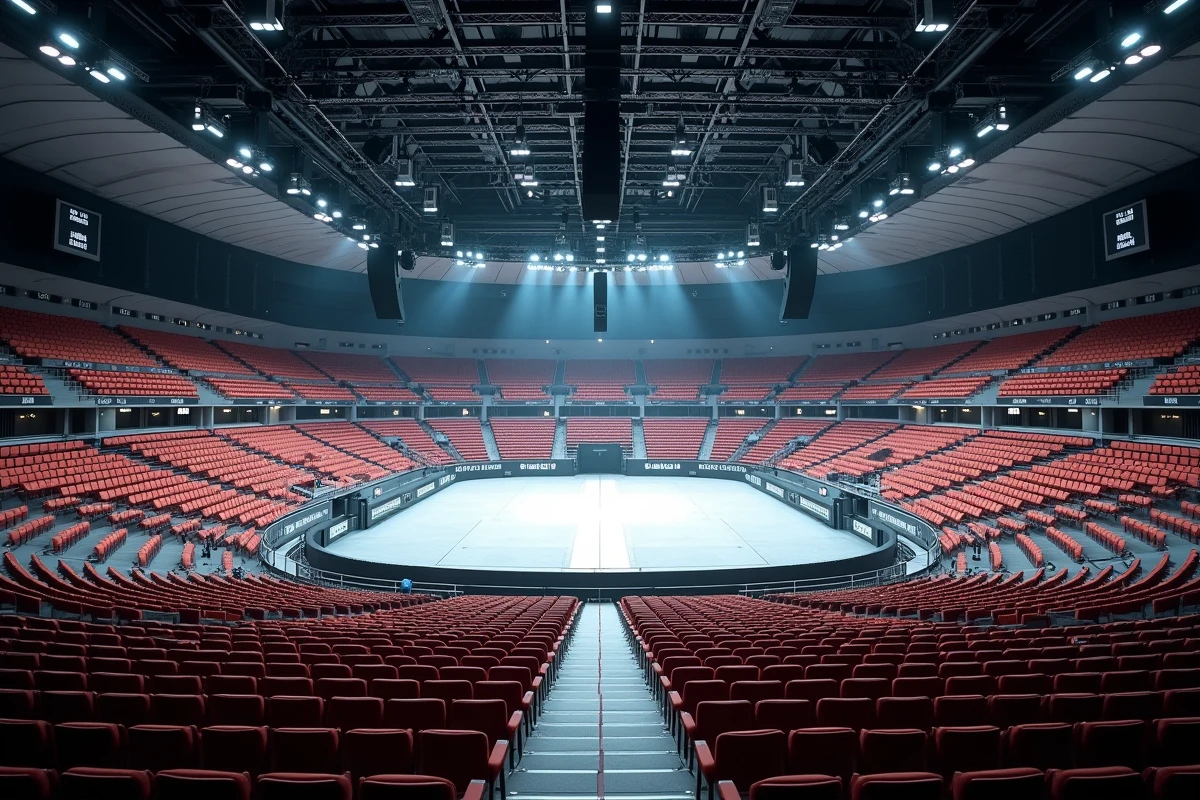 Vue panoramique de l'intérieur de Bercy depuis les gradins supérieurs montrant les blocs et rangées numérotés pour un concert