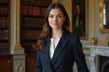 Portrait élégant d'une jeune femme en blazer marine dans un intérieur parisien raffiné aux boiseries classiques