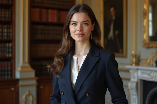 Portrait élégant d'une jeune femme en blazer marine dans un intérieur parisien raffiné aux boiseries classiques