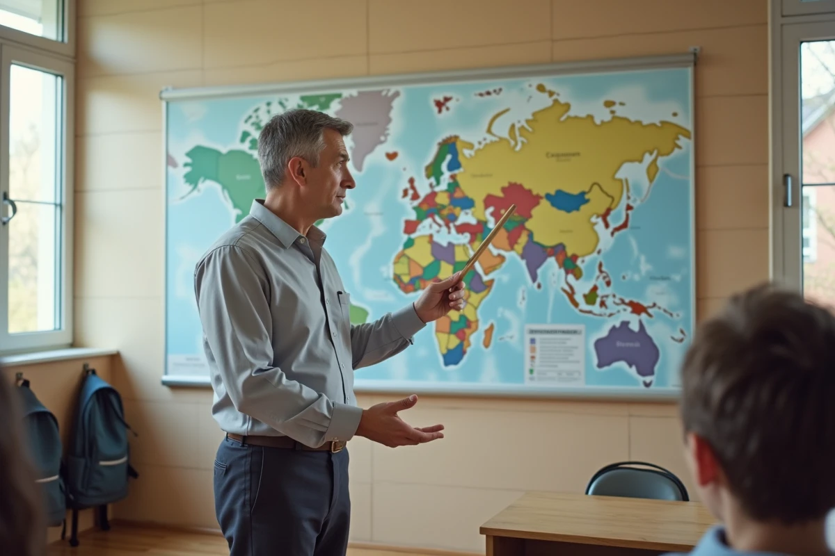 Professeur de géographie présentant une carte murale plastifiée de l'Allemagne avec ses Länder dans une salle de classe