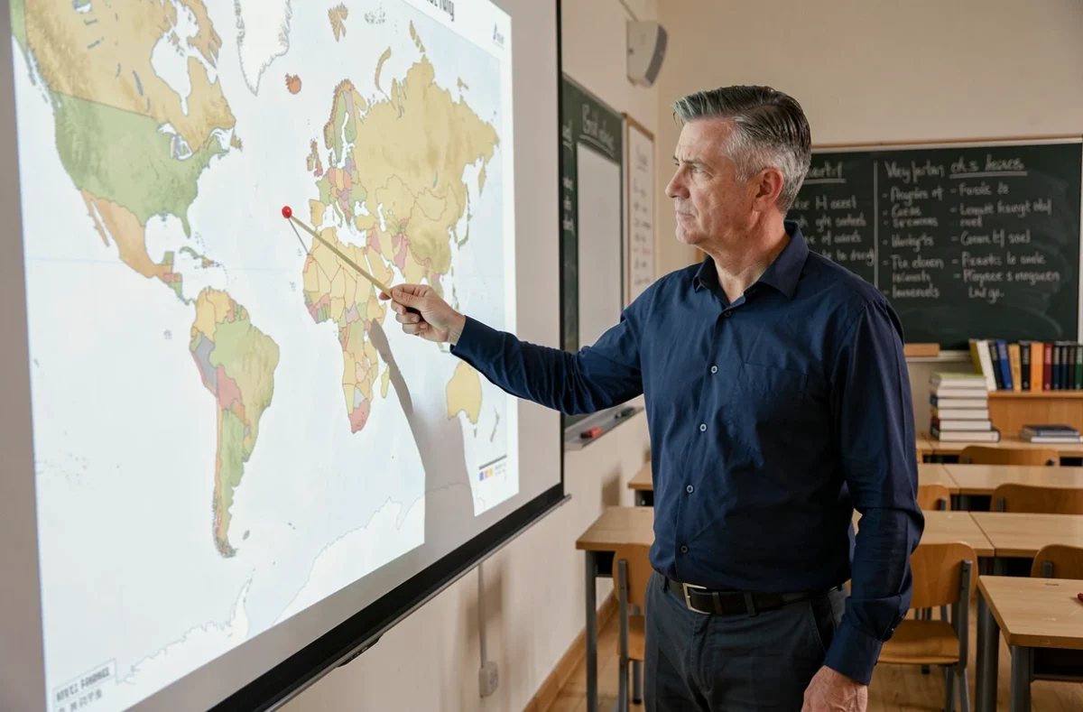 Professeur de géographie présentant la différence de superficie entre la Russie et la France devant une carte du monde projetée