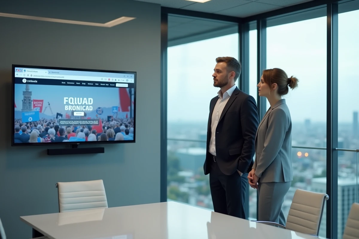 Deux professionnels discutant d'une redirection de site web vers le RN dans une salle de réunion moderne