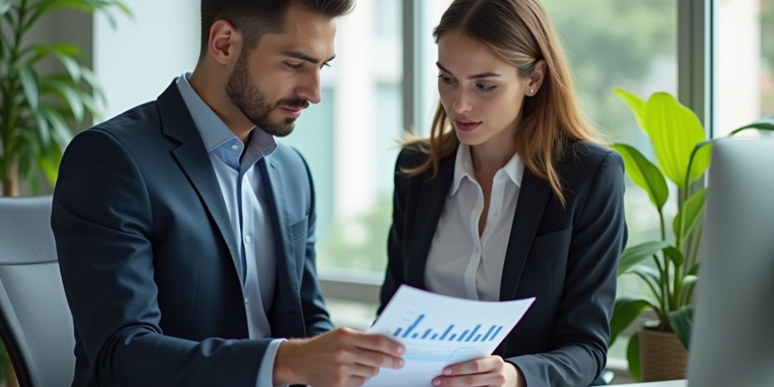 Jeunes professionnels discutant de finances dans un bureau moderne