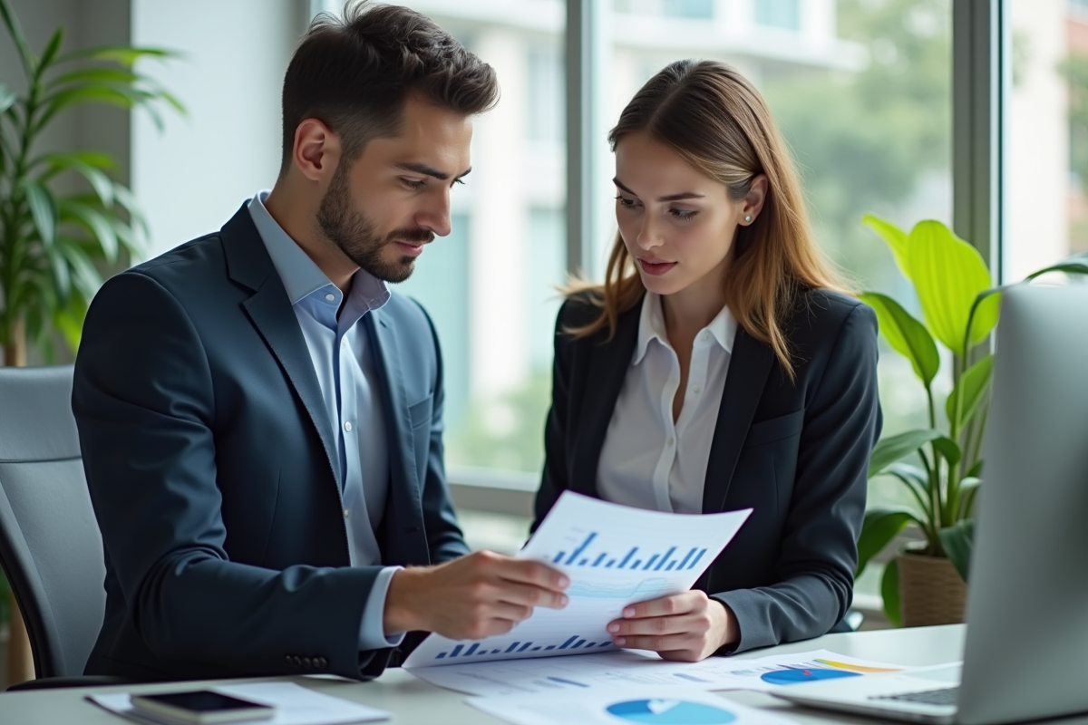 Jeunes professionnels discutant de finances dans un bureau moderne