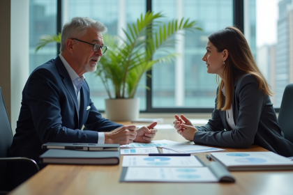Deux professionnels examinent des documents financiers dans un bureau moderne
