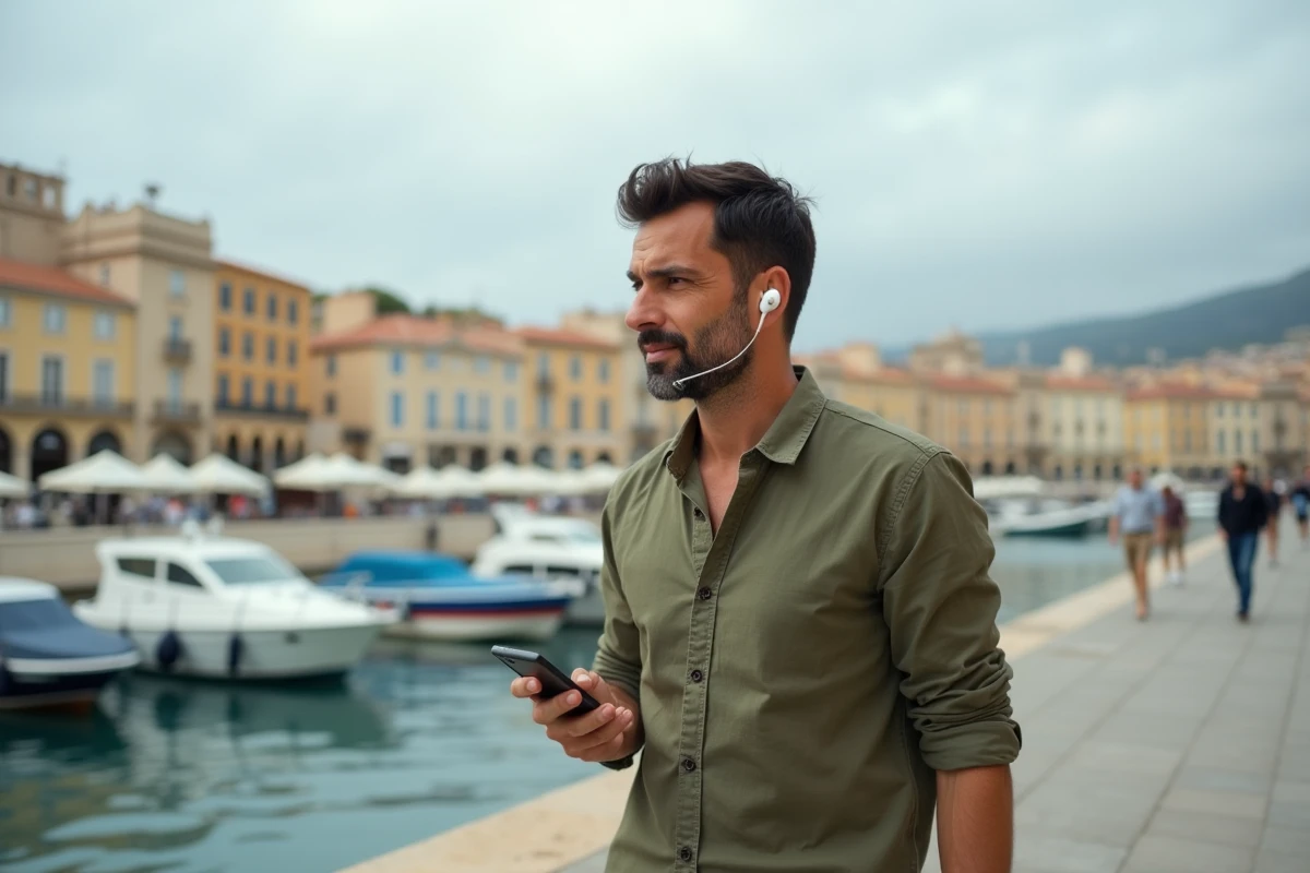 Homme écoutant la radio sur smartphone avec écouteurs sans fil sur le Vieux-Port de Marseille