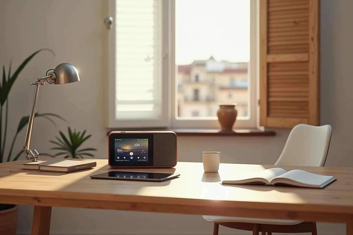 Enceinte Bluetooth et tablette diffusant Radio Gazelle sur un bureau à Marseille