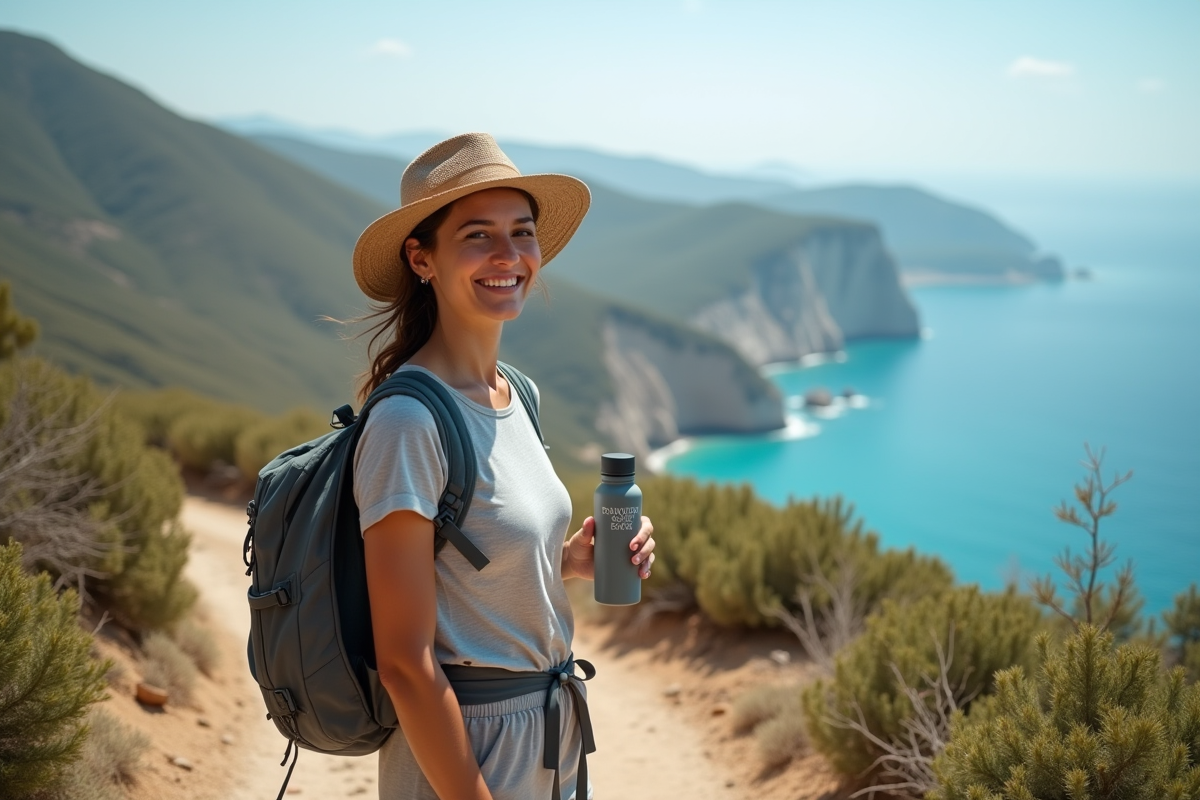 Jeune femme randonneuse sur le sentier Zingaro avec mer turquoise