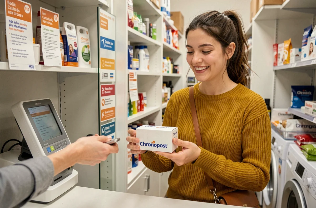 Jeune femme récupérant son colis Chronopost avec le sourire dans un commerce relais