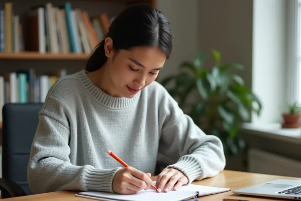 Femme rechargeant un stylo 4 couleurs effaçable à son bureau en bois dans un bureau à domicile moderne