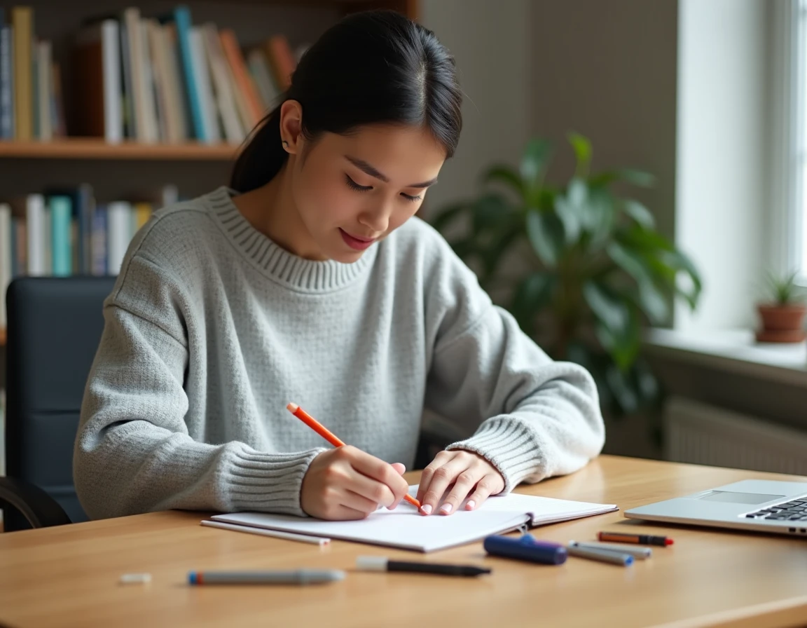 Femme rechargeant un stylo 4 couleurs effaçable à son bureau en bois dans un bureau à domicile moderne