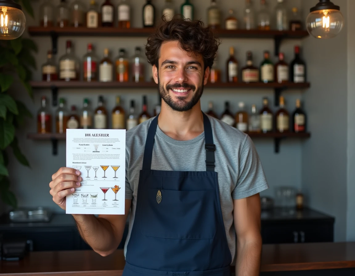 Homme derrière un bar maison expliquant la règle Palmier des alcools avec une fiche illustrée