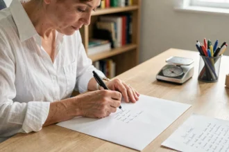 Femme remplissant une enveloppe A4 avec un stylo sur un bureau en bois, respectant les normes d'adressage de La Poste en 2026