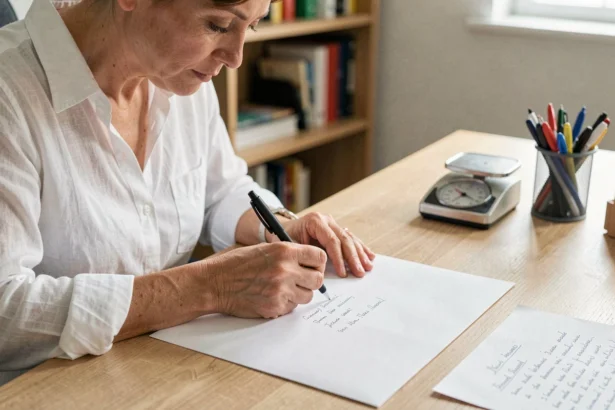 Femme remplissant une enveloppe A4 avec un stylo sur un bureau en bois, respectant les normes d'adressage de La Poste en 2026