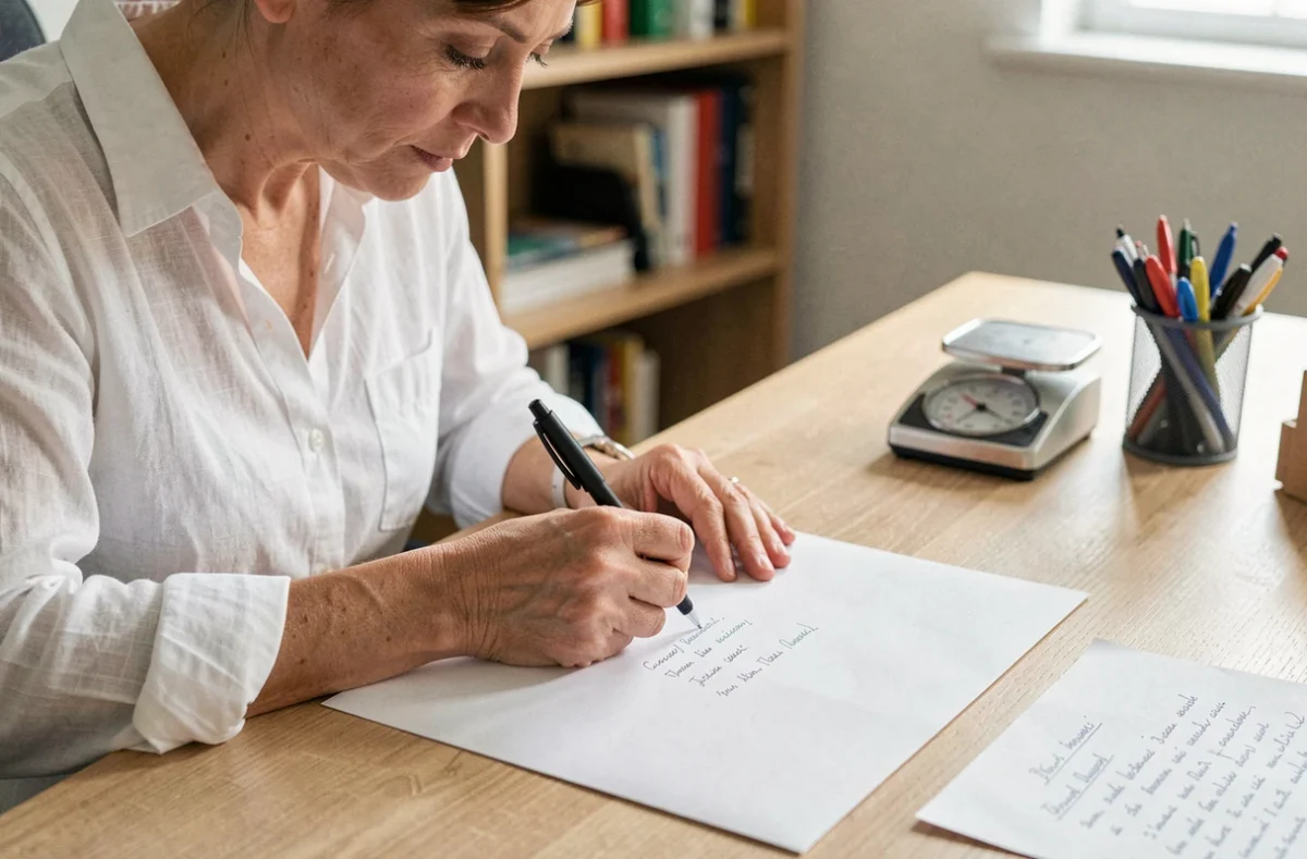 Femme remplissant une enveloppe A4 avec un stylo sur un bureau en bois, respectant les normes d'adressage de La Poste en 2026