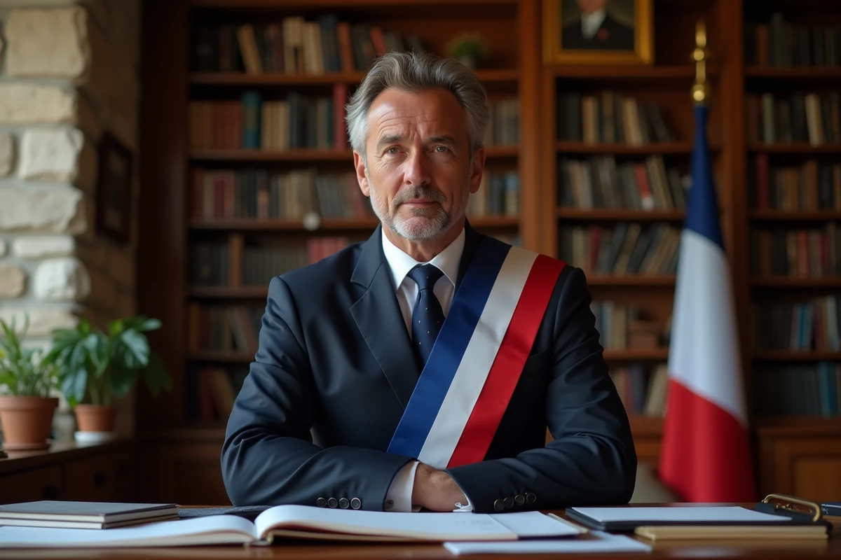 Maire français en écharpe tricolore dans son bureau de mairie, illustration de la rémunération des maires en 2026