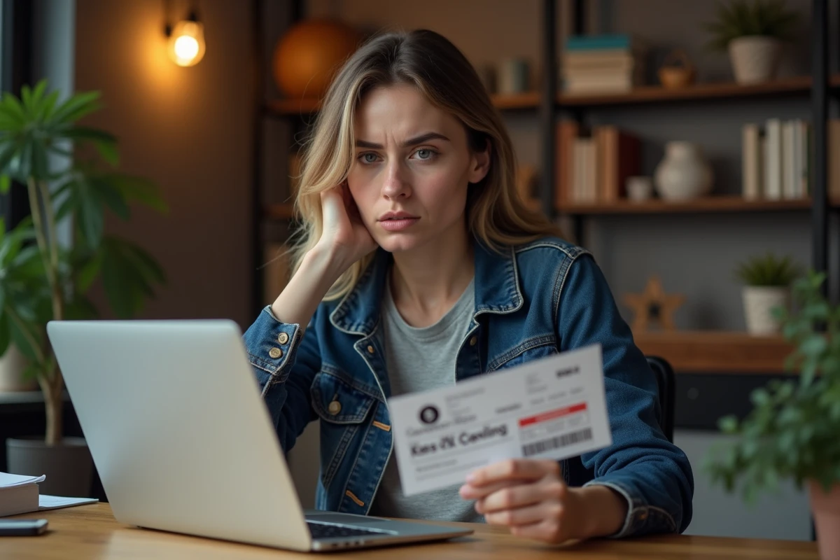 Femme consultant une plateforme de revente de billets de concert sur un ordinateur portable tout en tenant un billet imprimé, dans un bureau à domicile