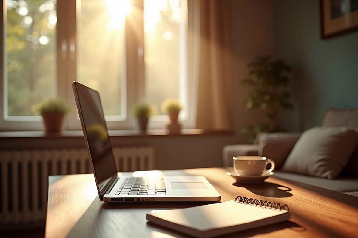 Salon confortable avec bureau lumineux et tasse de café