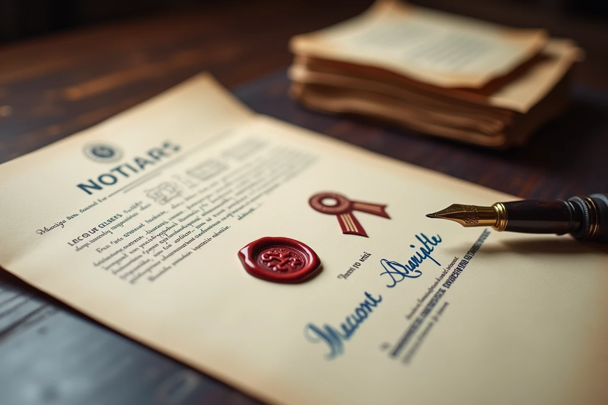 Gros plan sur un sceau officiel et une signature manuscrite sur un document notarié avec tampon de cire rouge