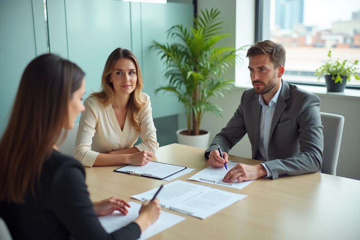 Couple signant un acte notarié devant un notaire lors d'une transaction immobilière dans un bureau moderne