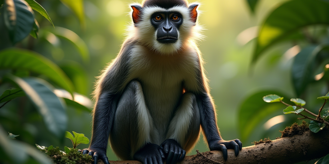 Singe velours sur une branche verte en forêt tropicale