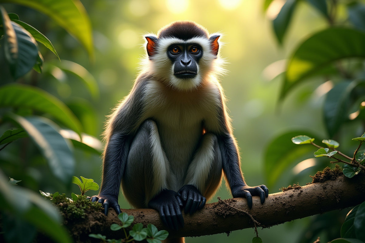 Singe velours sur une branche verte en forêt tropicale