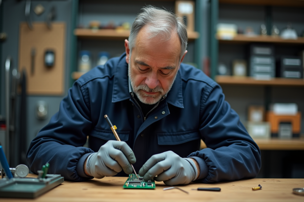 Homme d'âge moyen soudant un circuit électronique dans un atelier