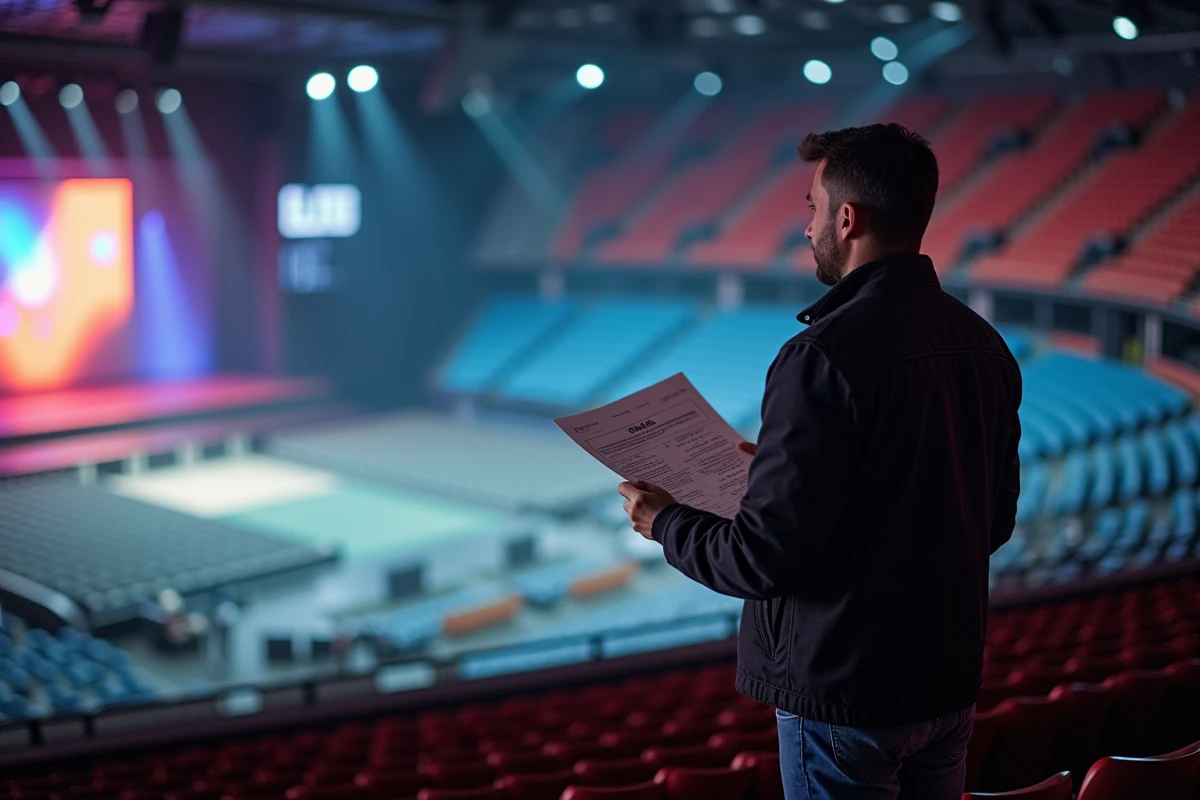 Spectateur consultant le plan de salle de Bercy depuis les gradins intermédiaires avant un concert