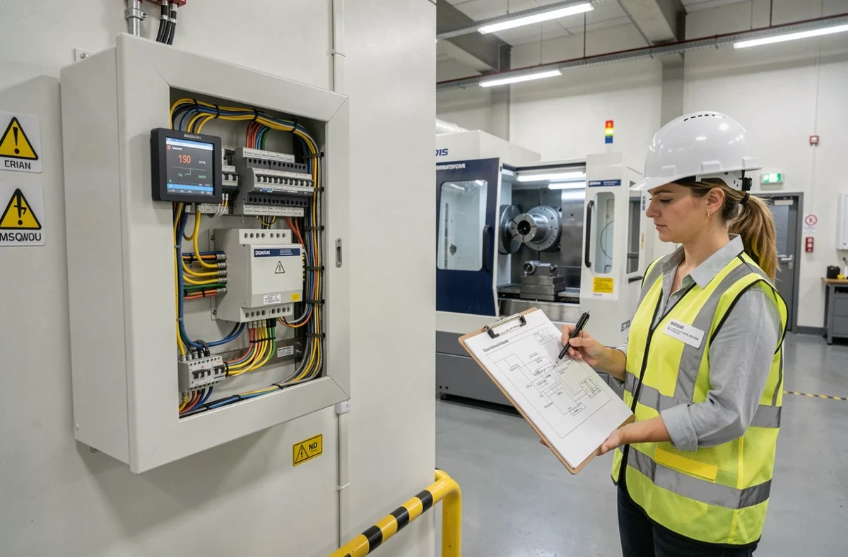 Vue d'ensemble d'un tableau électrique avec transformateur triphasé monophasé alimentant une machine CNC en production