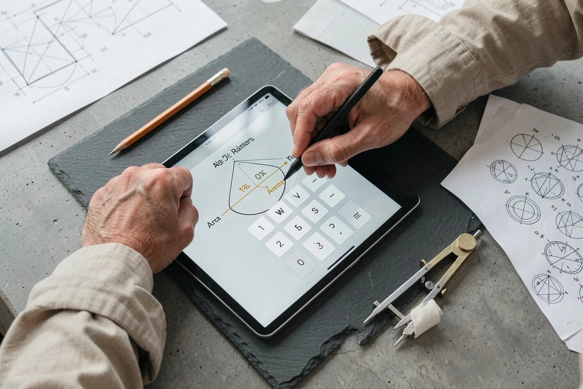 Mains utilisant une tablette pour calculer la surface d'un cercle avec une application calculatrice géométrique