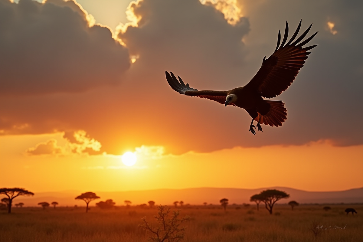 Vautour volant au-dessus de la savane africaine au coucher du soleil