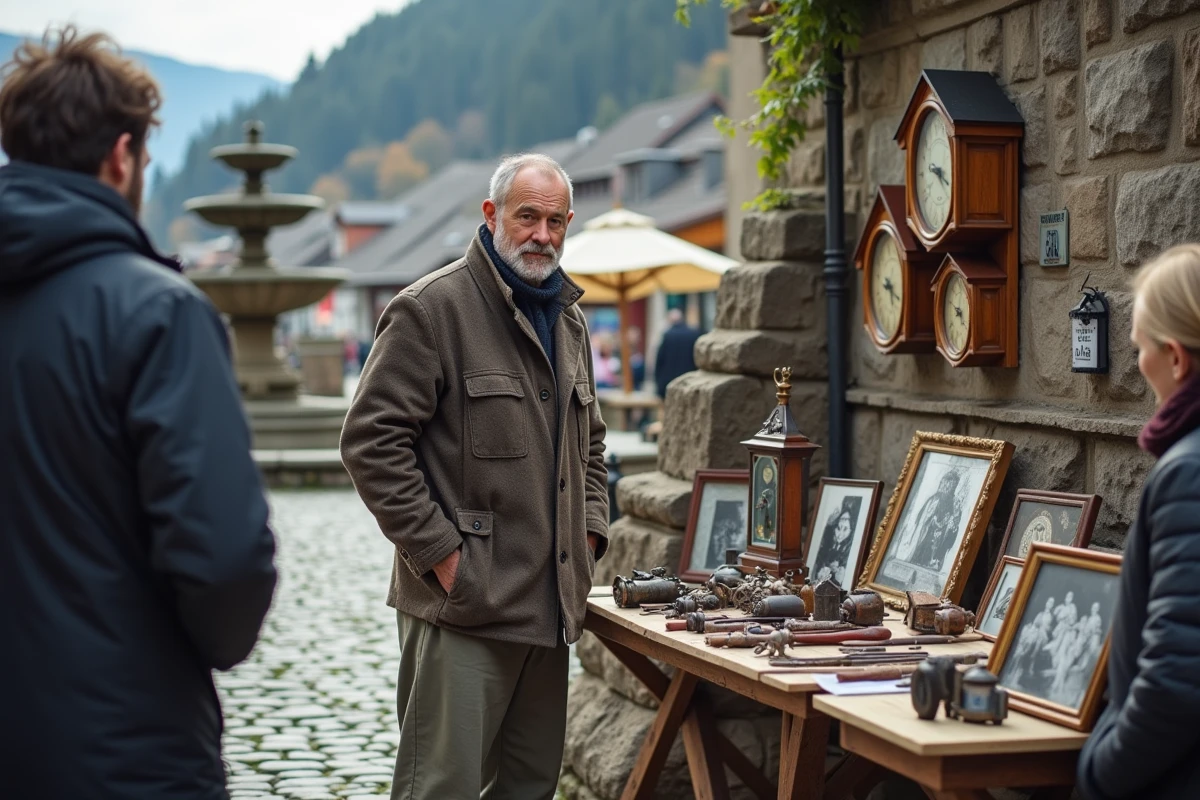Vendeur et acheteur autour d'un étal d'objets vintage et outils anciens lors d'un vide grenier en Savoie