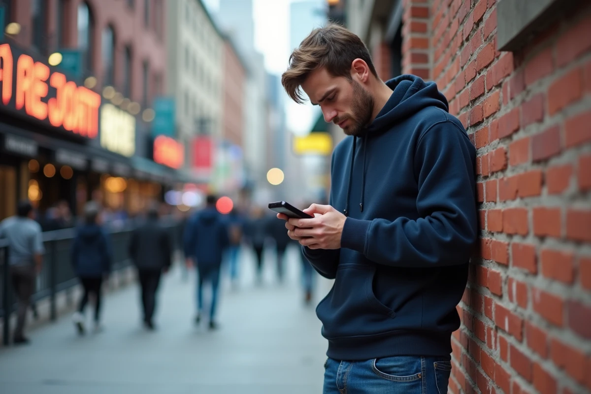 Jeune homme consultant une application de revente de billets sur smartphone devant une salle de concert, cherchant à vendre un billet sans enfreindre les règles