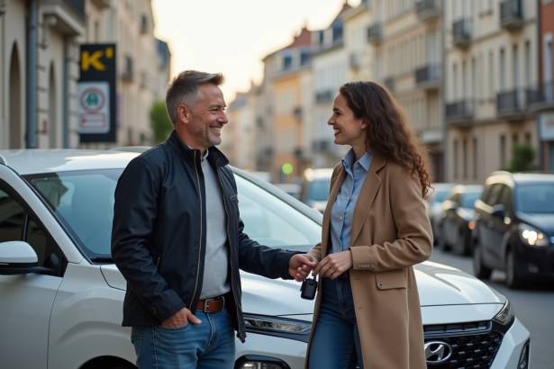 Homme remettant les clés à une femme devant une voiture hybride