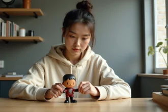 Jeune femme inspectant attentivement un Labubu pour vérifier son authenticité, assise à un bureau en bois dans un appartement moderne