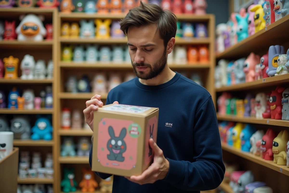 Homme examinant l'emballage officiel d'un Labubu Pop Mart en magasin de collectibles pour vérifier le sceau holographique et les marquages d'authenticité