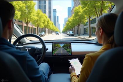 Voiture électrique autonome sur une rue ensoleillée en ville