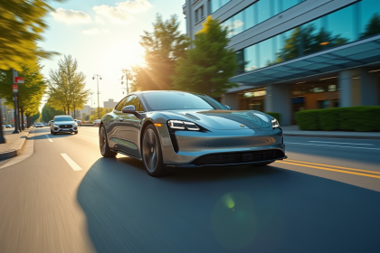 Voiture hybride moderne en ville avec verdure et ciel bleu