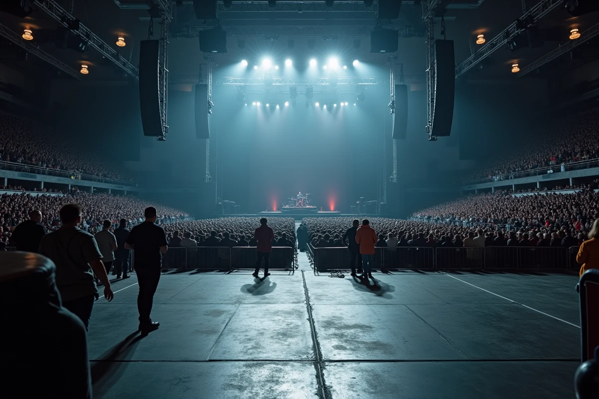 Vue depuis la fosse du plancher de Bercy vers la scène avec les barrières de sécurité avant un concert